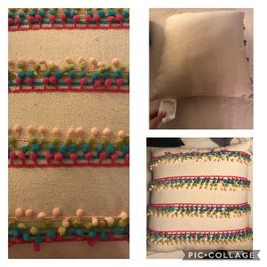 NWT Burlap Pom Pom Throw Pillow Pink Teal Boho